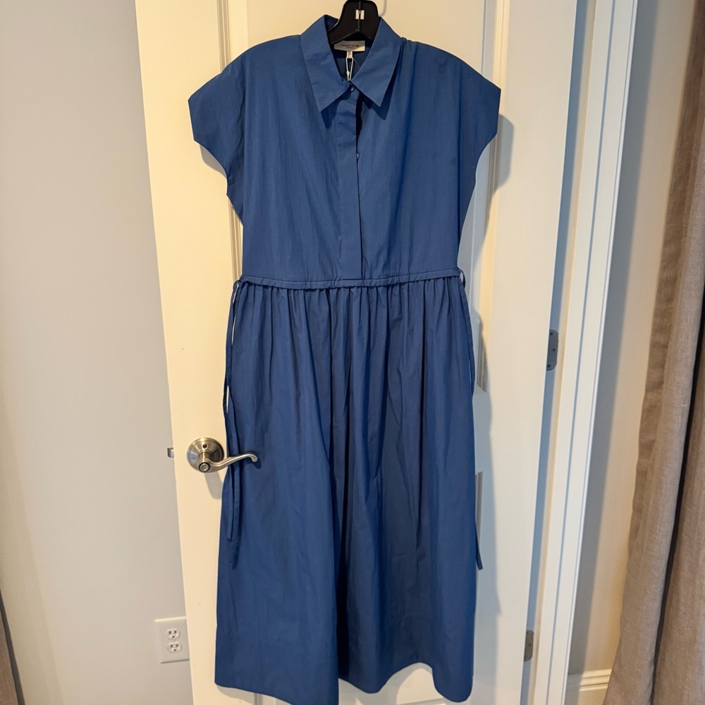 NWT Lafayette 148 New York Royale Blue Drawstring Gathered Midi Shirtdress | XS - Picture 4 of 8